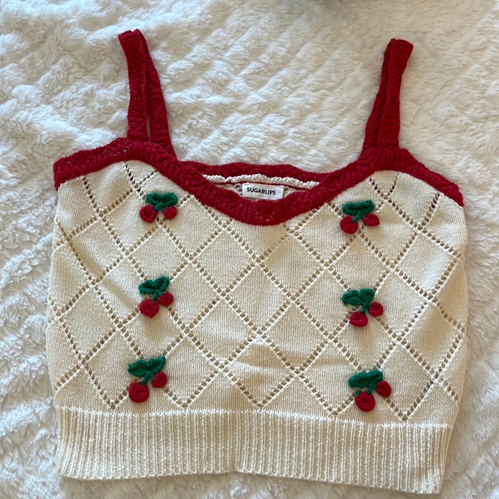 Never worn Cream Sweater tank top with embroidered cherries